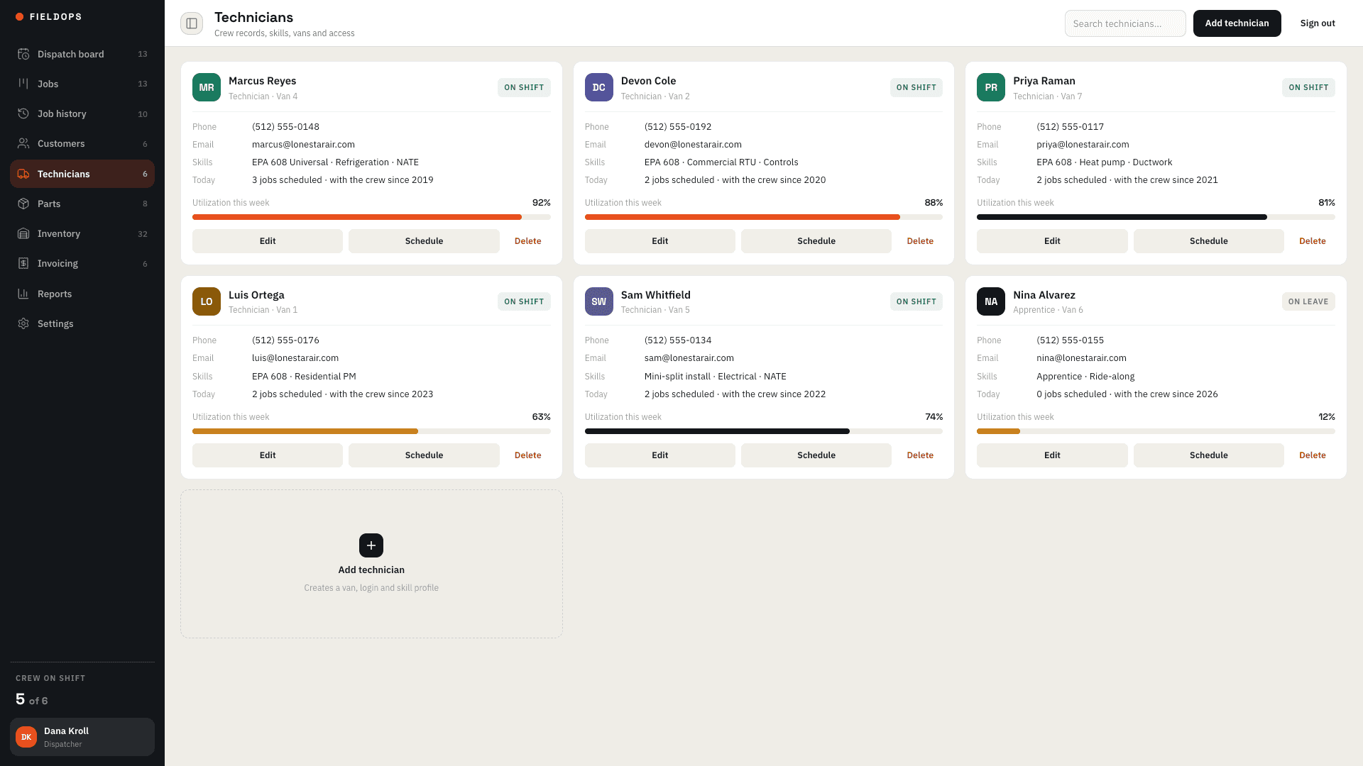 FieldOps — 05 — Technicians, Parts & Reports