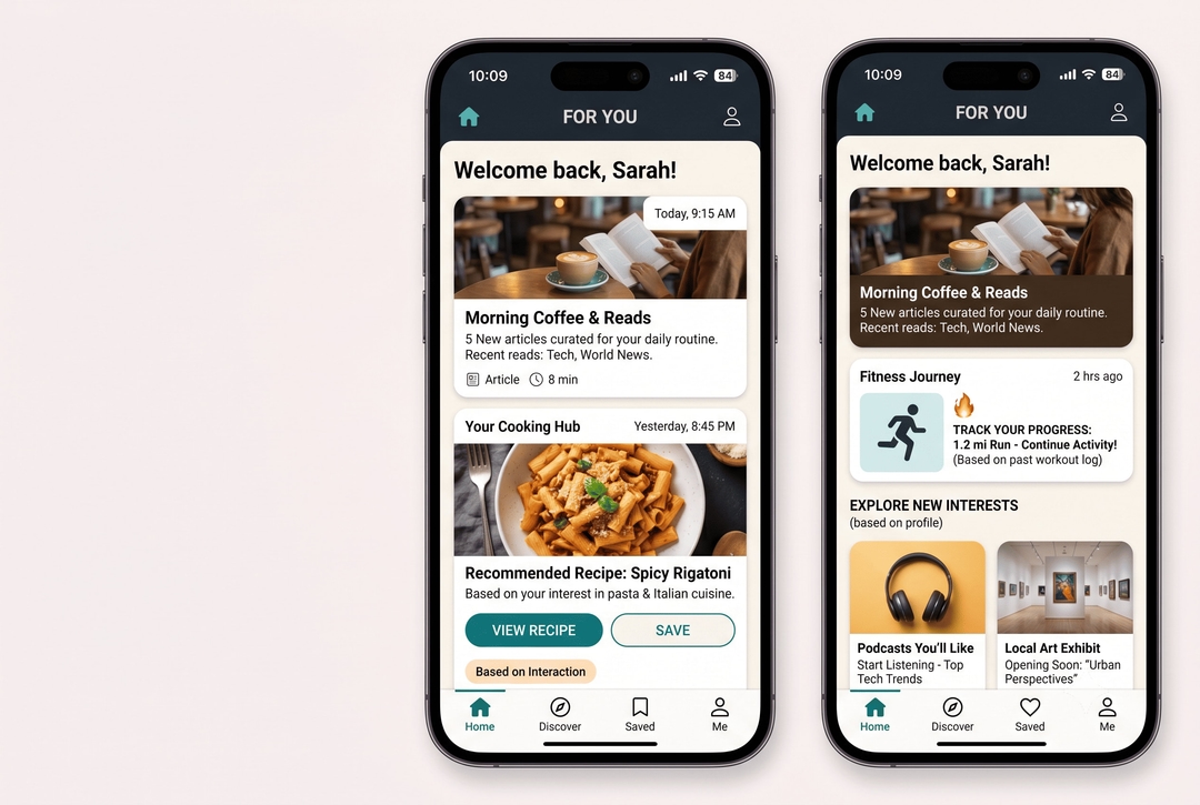 A mobile app screen showing personalized content cards adapting to user behaviour