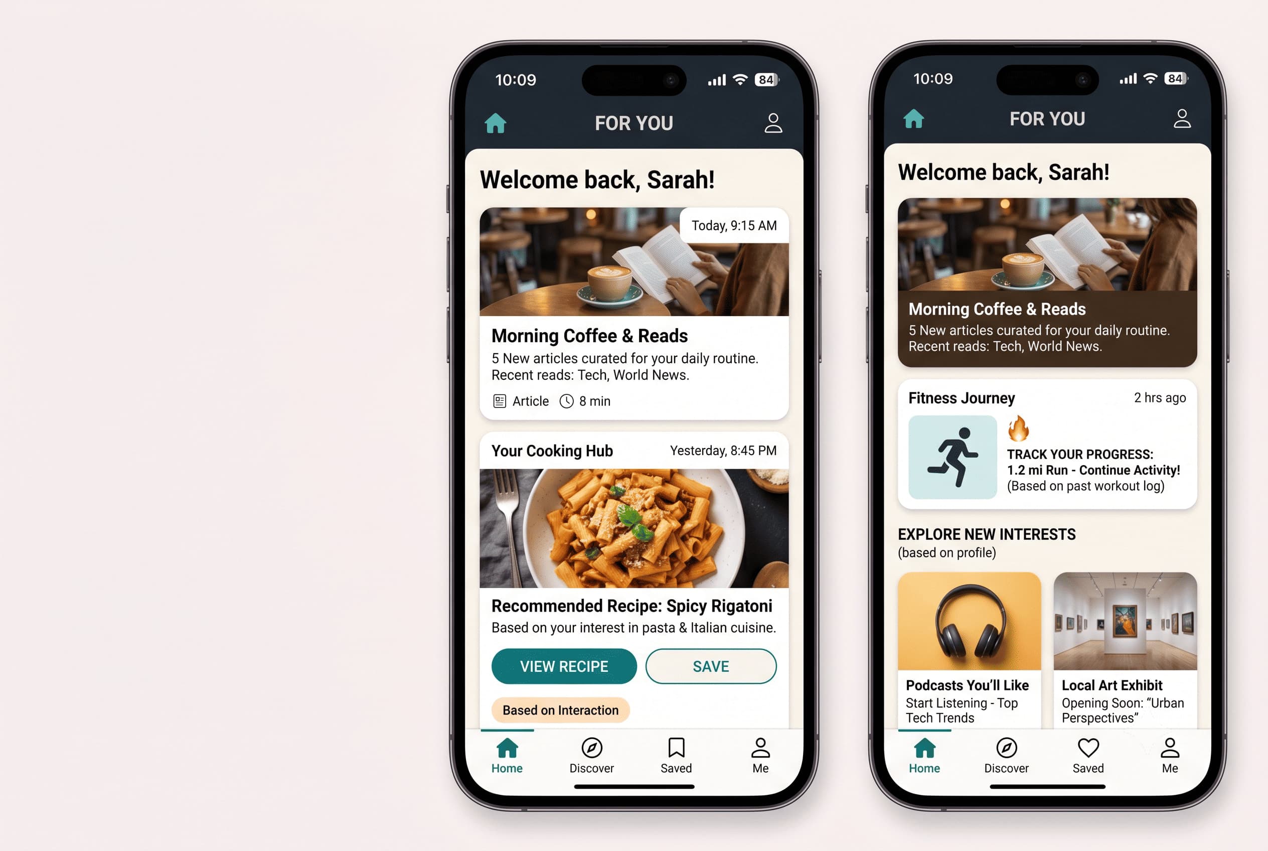 A mobile app screen showing personalized content cards adapting to user behaviour