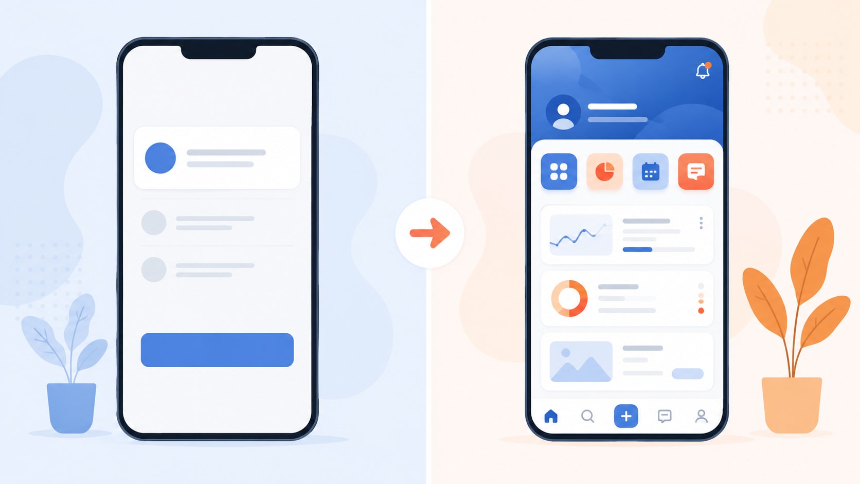 Split illustration comparing a minimal MVP app screen on one side and a fully featured product interface on the other