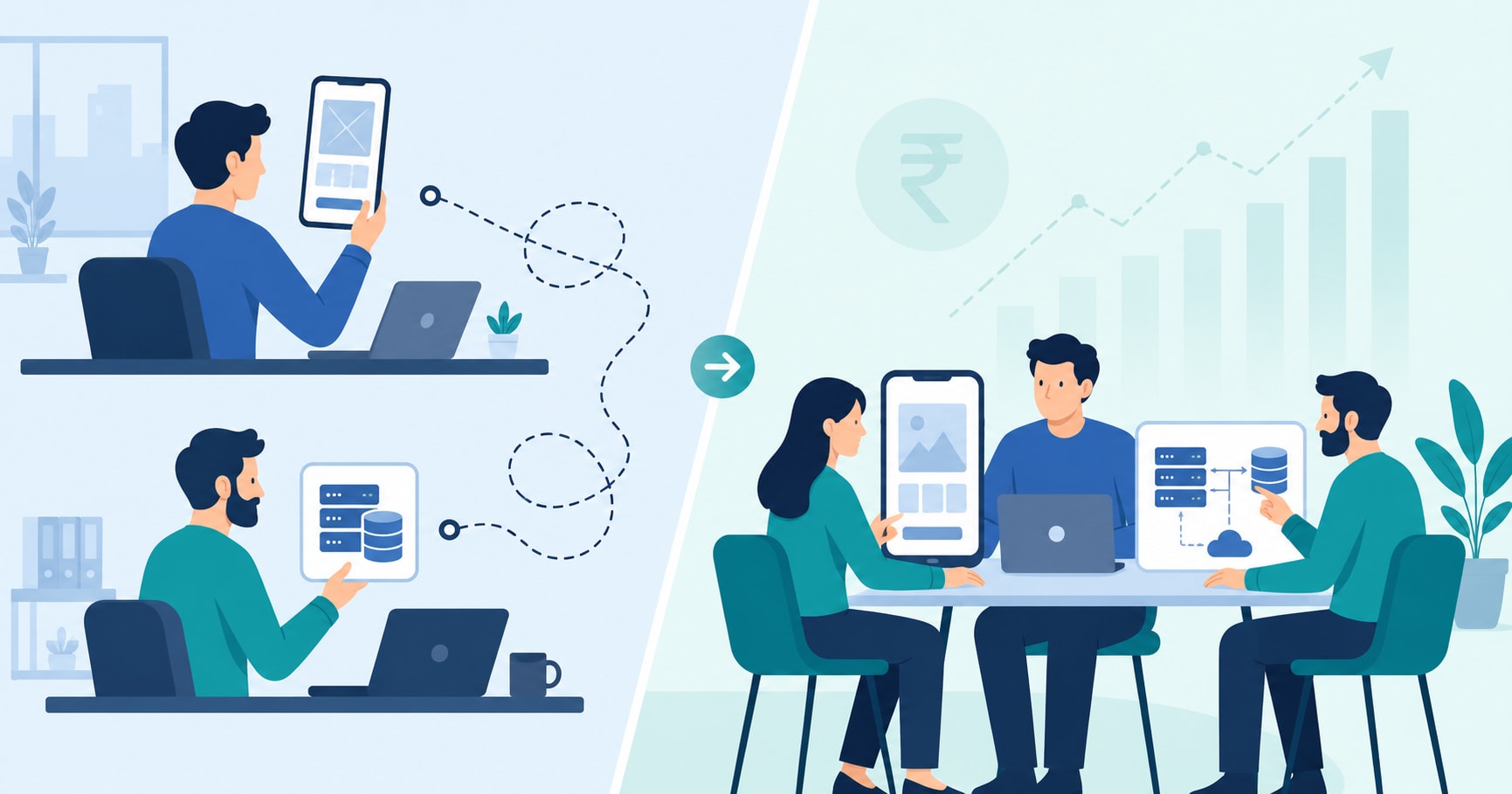 Split illustration comparing two separate freelancers building a mobile app and backend versus one unified agency team, with a rupee cost breakdown in the background