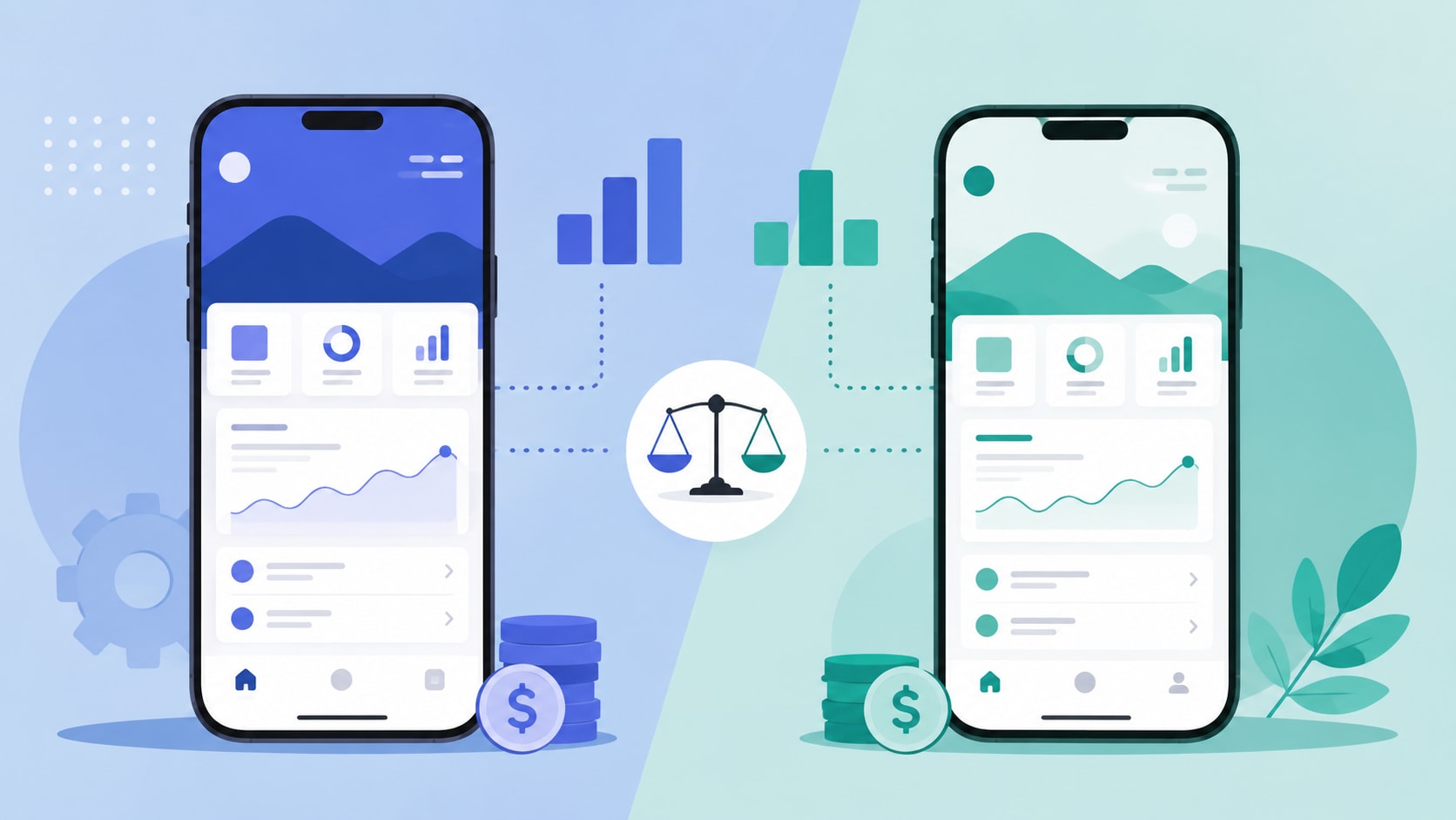 Split illustration comparing a Flutter app and a React Native app on mobile phone screens side by side