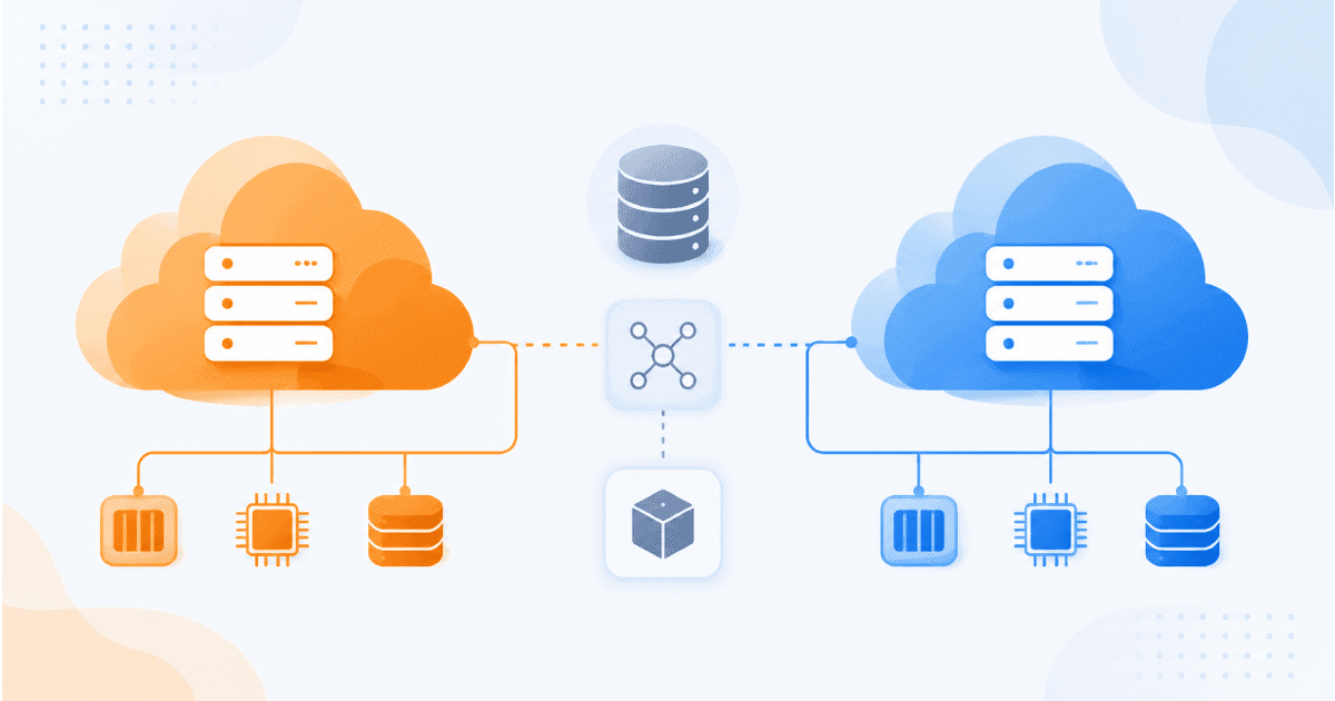 Side by side comparison illustration of Google Cloud Platform and Amazon Web Services logos with server and database icons
