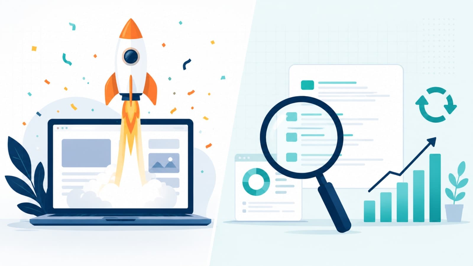 Split-screen illustration of a website launch checklist transforming into an ongoing SEO monitoring dashboard with search console icons
