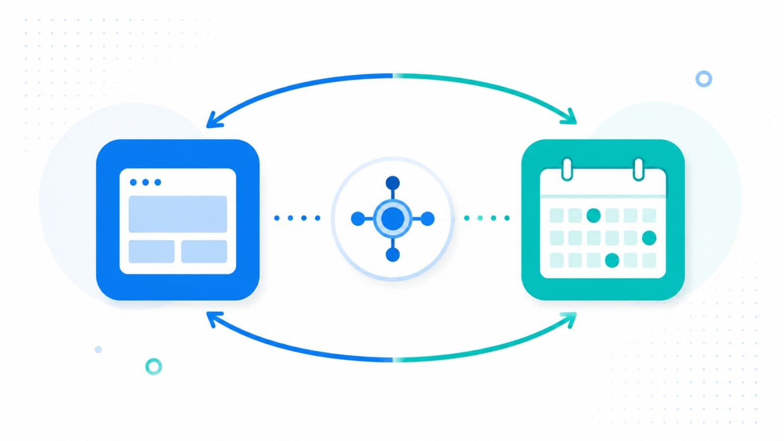 Illustration of an app icon and Outlook calendar icon connected by bidirectional sync arrows through a Microsoft Graph API node