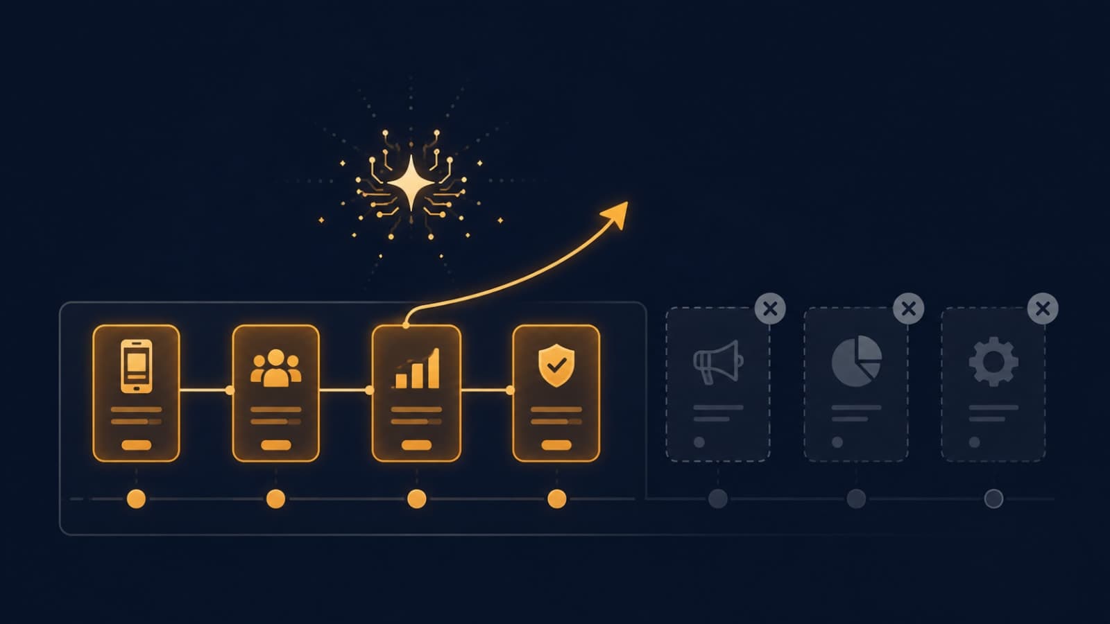 Illustration of a SaaS product roadmap with some AI feature icons highlighted as adopted and others greyed out as unused