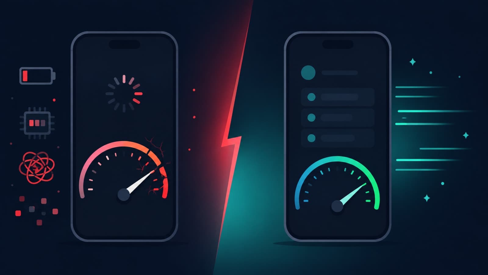 Split illustration of a sluggish app interface with a stopwatch and a fast, smooth app interface with speed lines, representing before and after performance optimization