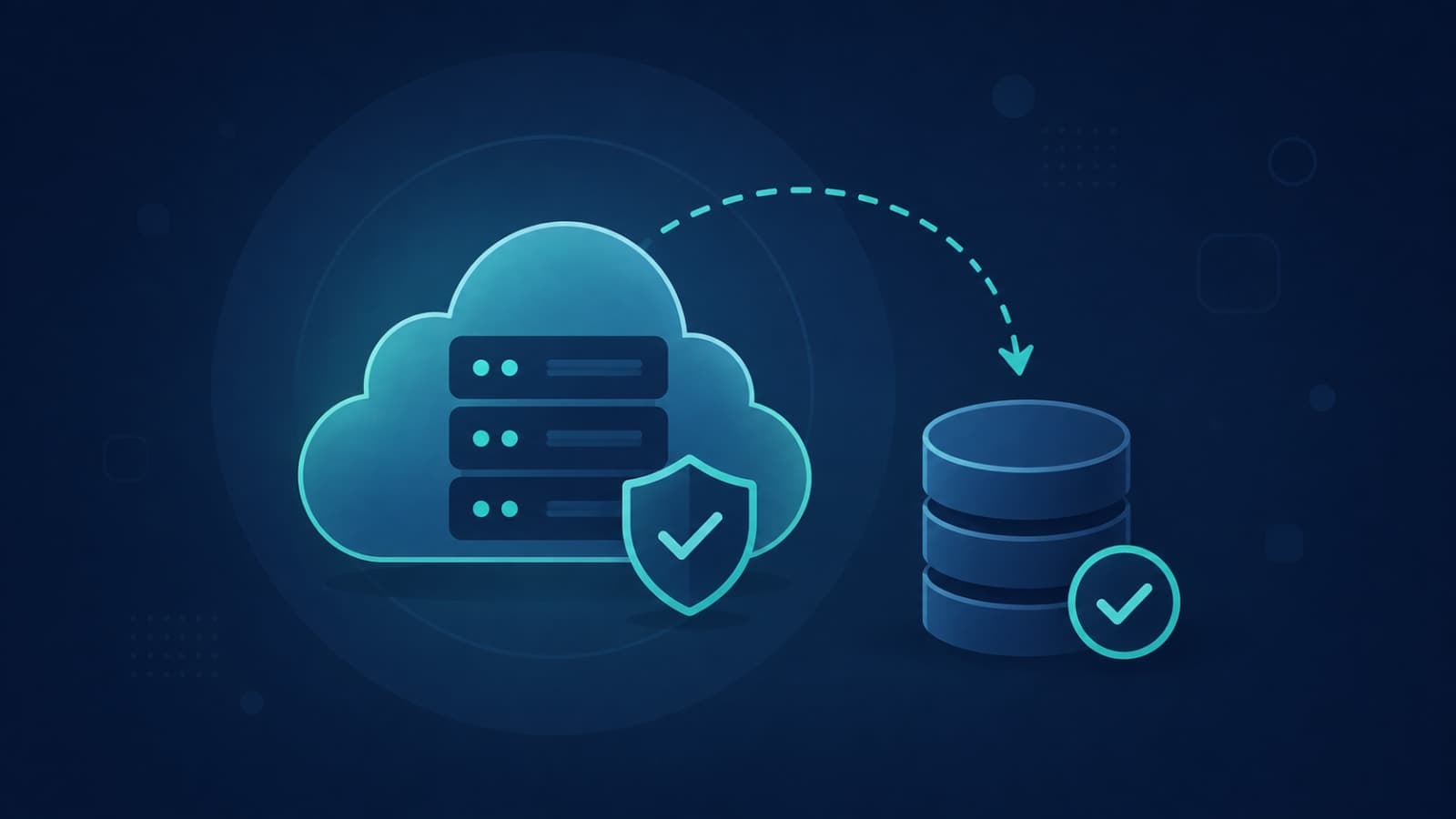 Flat vector illustration of a cloud server with a shield and a database icon, showing a backup arrow looping to a separate storage disk