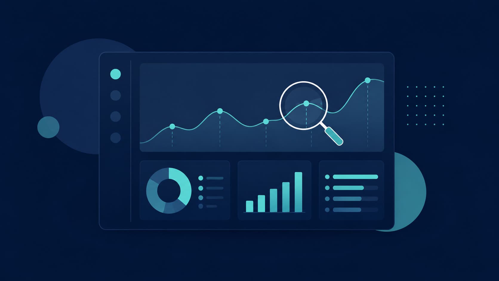 Flat vector illustration of a dashboard screen with charts and a separate customer record panel, connected by a data flow line