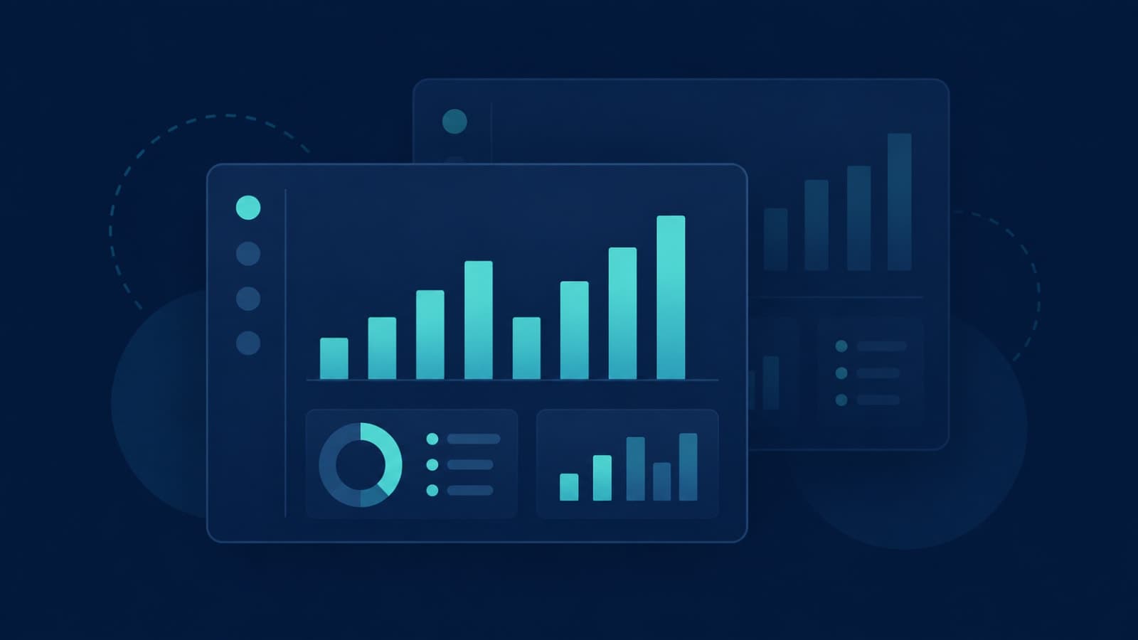 Flat vector illustration of a dashboard with a magnifying glass revealing hidden charts behind a visible summary chart