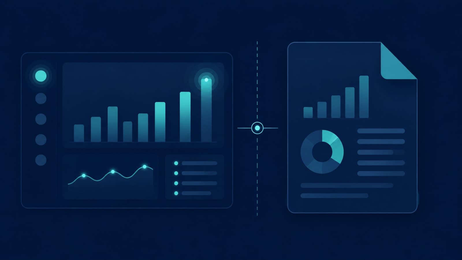 Flat vector illustration split between a live interactive dashboard screen and a printed report document with a chart and text