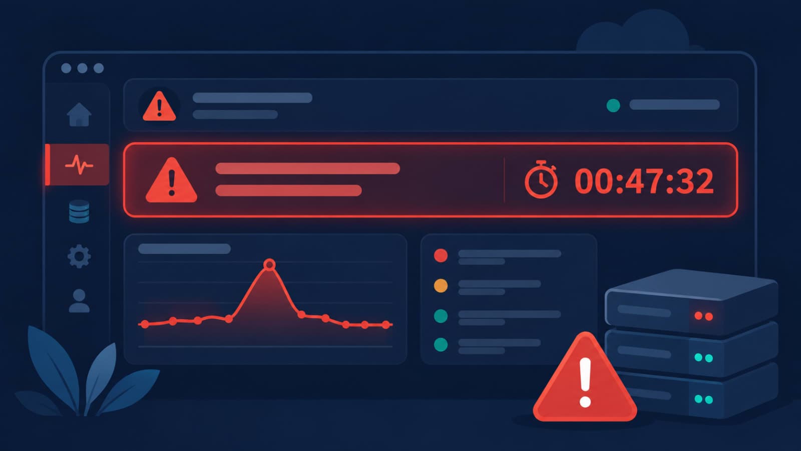 Dashboard showing a red outage alert with a countdown clock, illustrating the cost of app downtime, flat tech-blog style