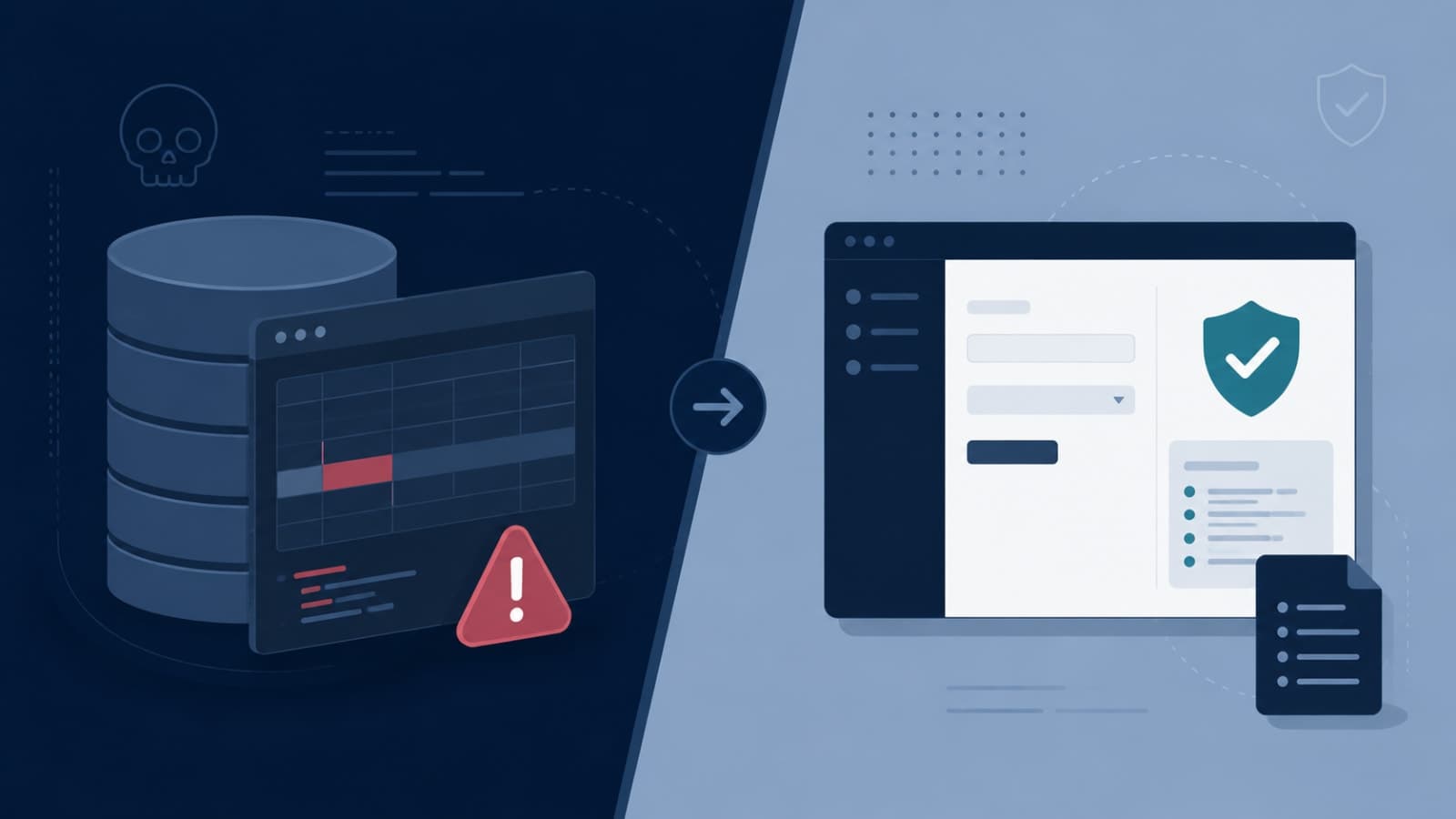 A database record being edited directly with no audit trail, next to a proper admin tool with validation and logging, flat tech-blog illustration style