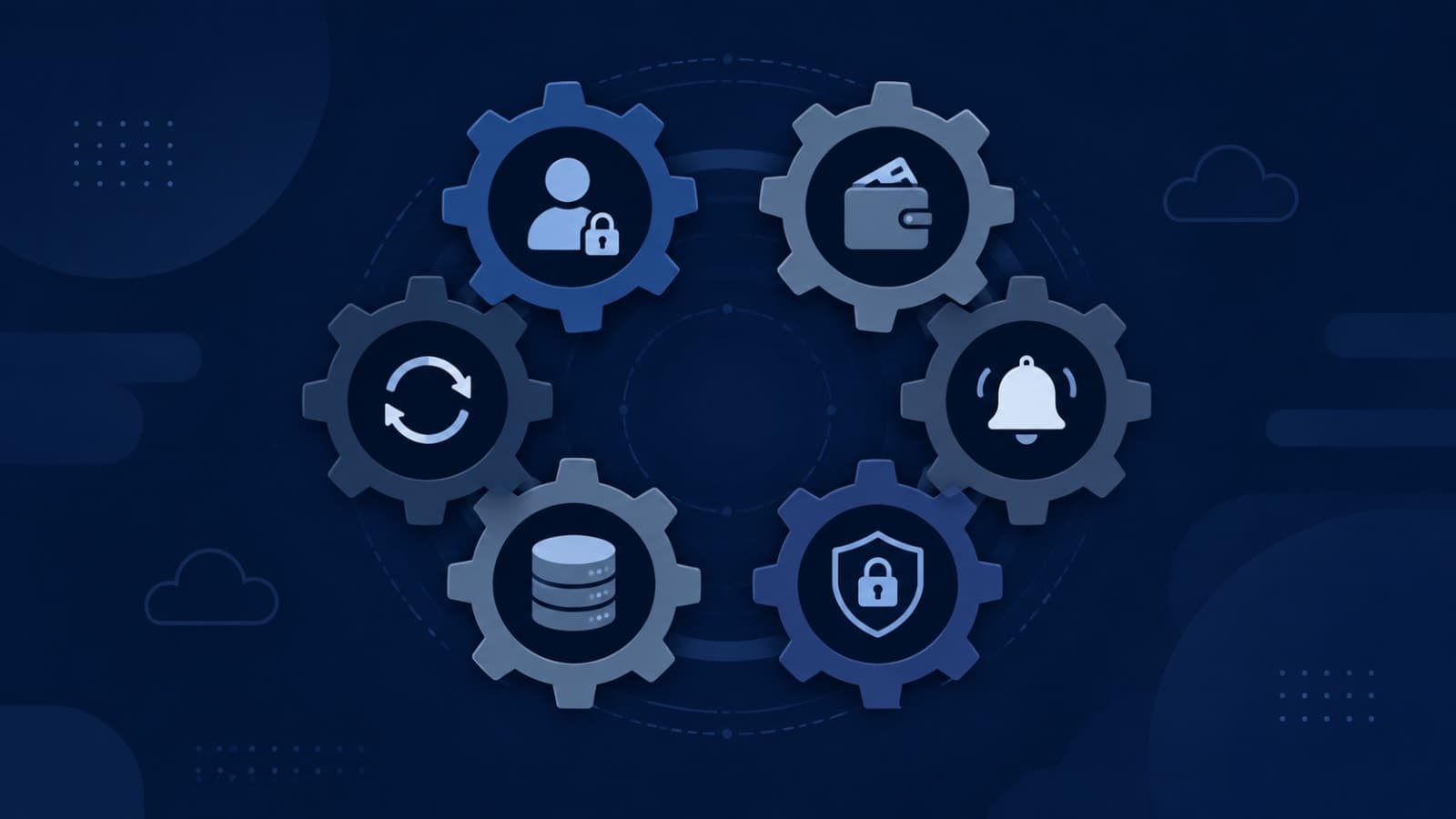 Six interconnected gears representing the hidden systems inside a SaaS app: authentication, payments, notifications, encryption, data consistency, and transactions