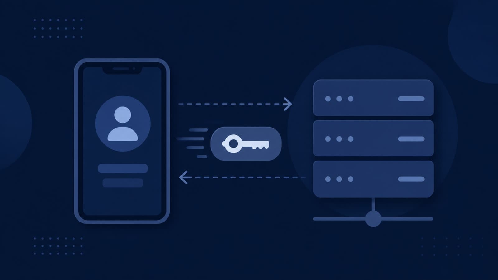 A user logging into an app with a token icon passing between the device and server, illustrating how session authentication works, flat tech-blog style