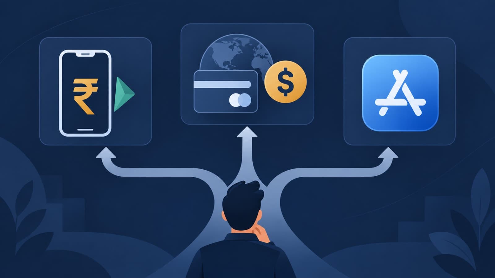 Three payment rail icons — Razorpay, Stripe, and app store in-app purchase — with a decision path branching between them, flat tech-blog illustration style