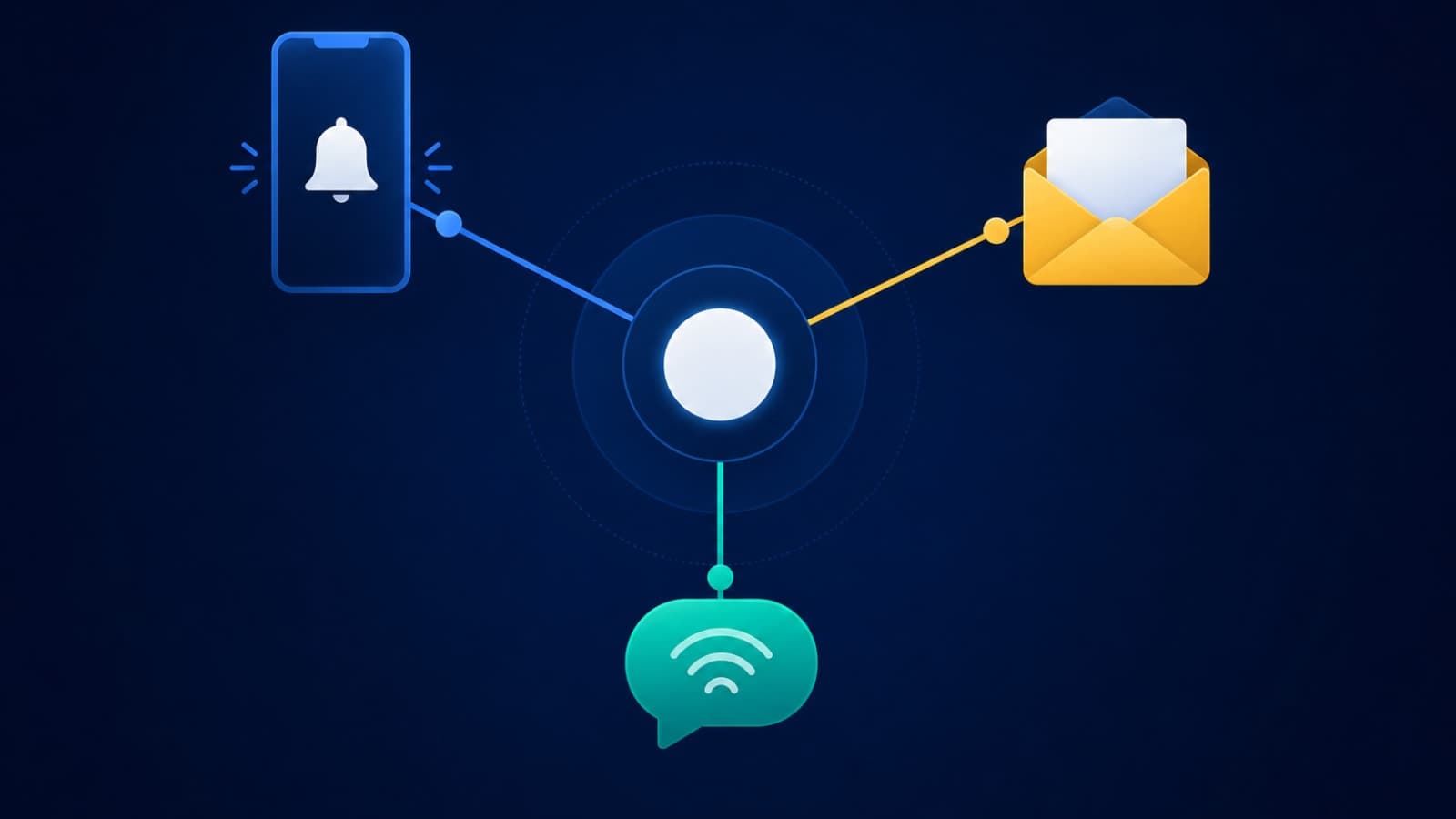 Flat vector illustration of a phone, an envelope, and a text bubble all connected to a single central routing hub, representing a unified notification system