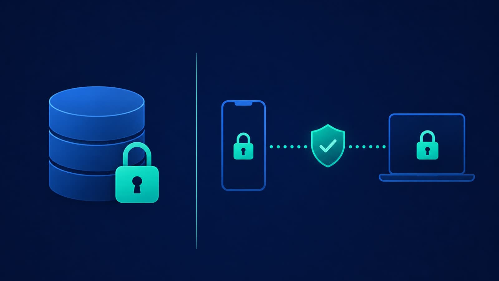 Flat vector illustration of a padlocked database cylinder and a padlocked data stream between two devices, representing encryption at rest and encryption in transit as two separate controls