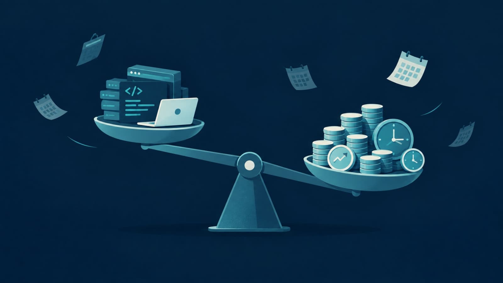 Balance scale weighing software build cost against time and money saved, representing custom software ROI