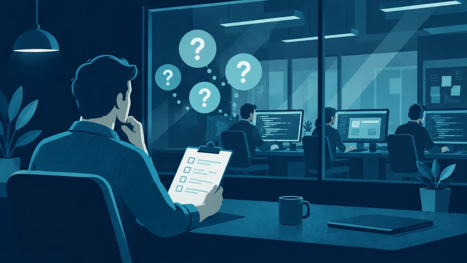 Founder with a checklist evaluating a software development agency, surrounded by question bubbles
