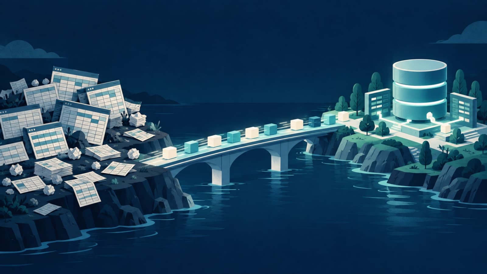 Data moving across a bridge from spreadsheets to a structured business system