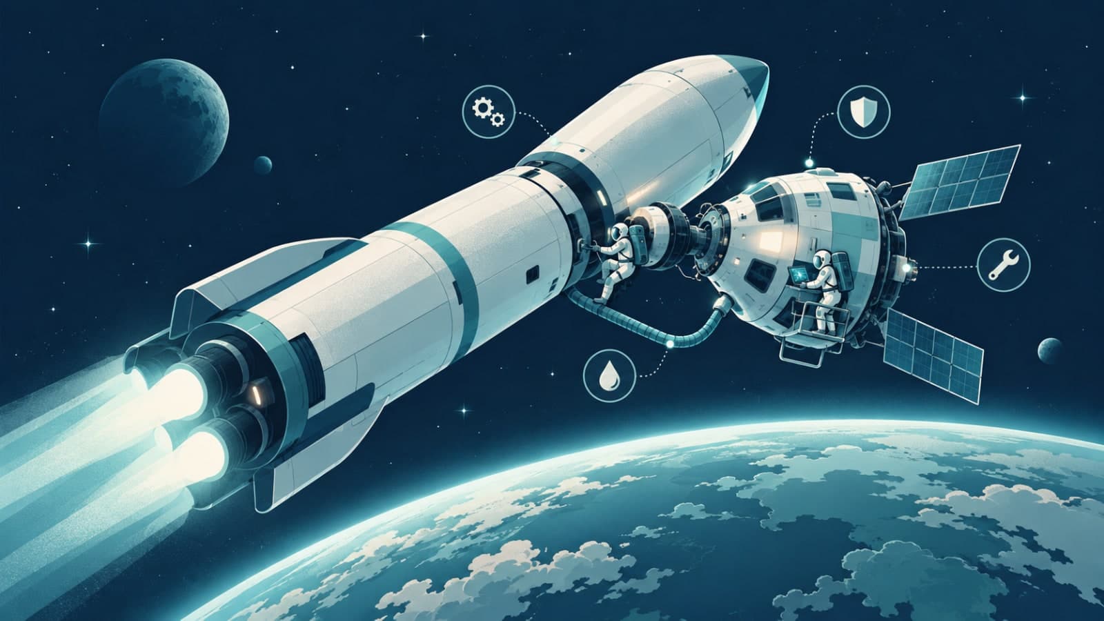 Service pod maintaining a launched rocket in orbit, representing software maintenance after launch