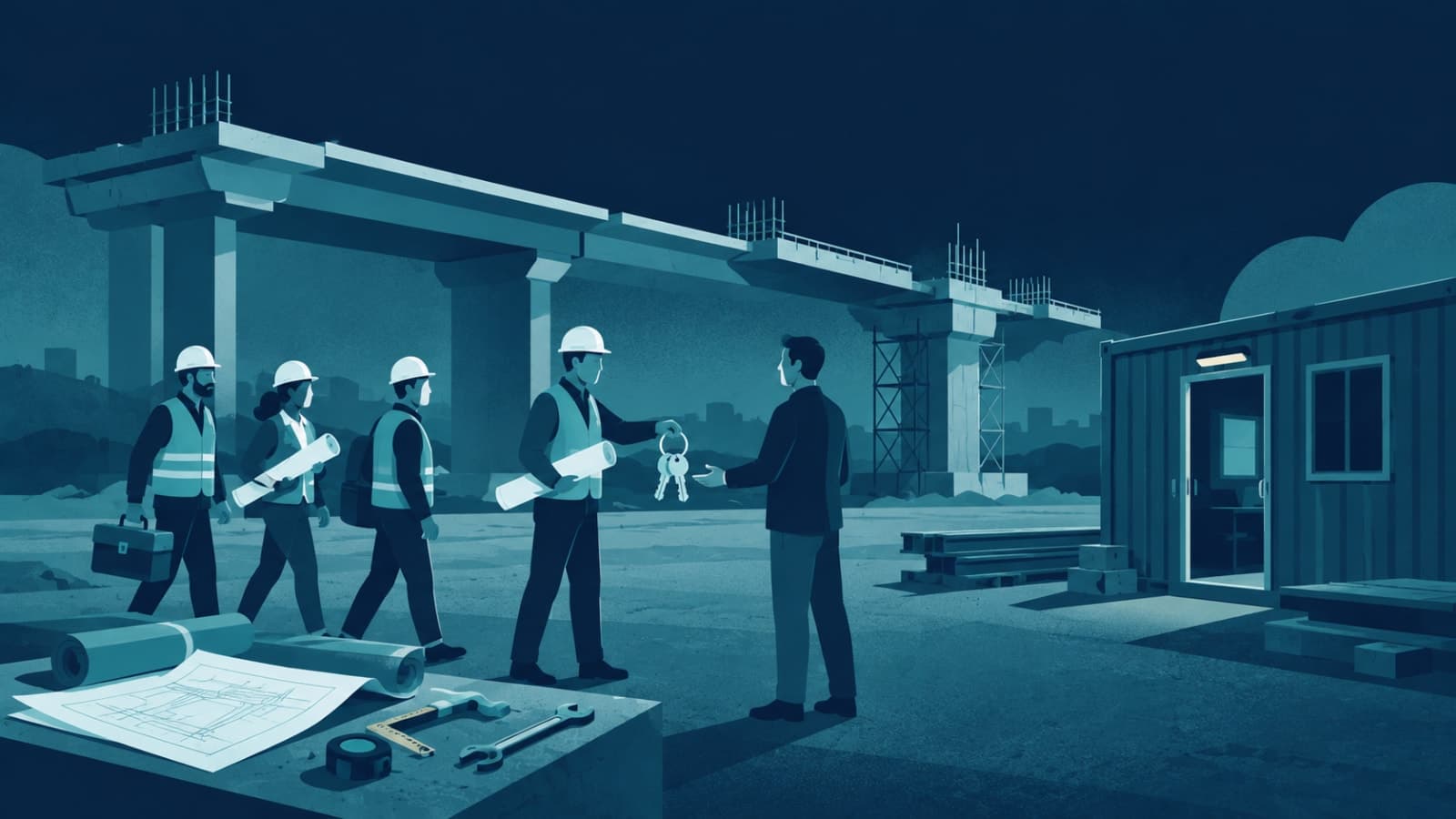 Half-built bridge with a new construction crew arriving and a founder receiving the keys, representing taking over an unfinished app